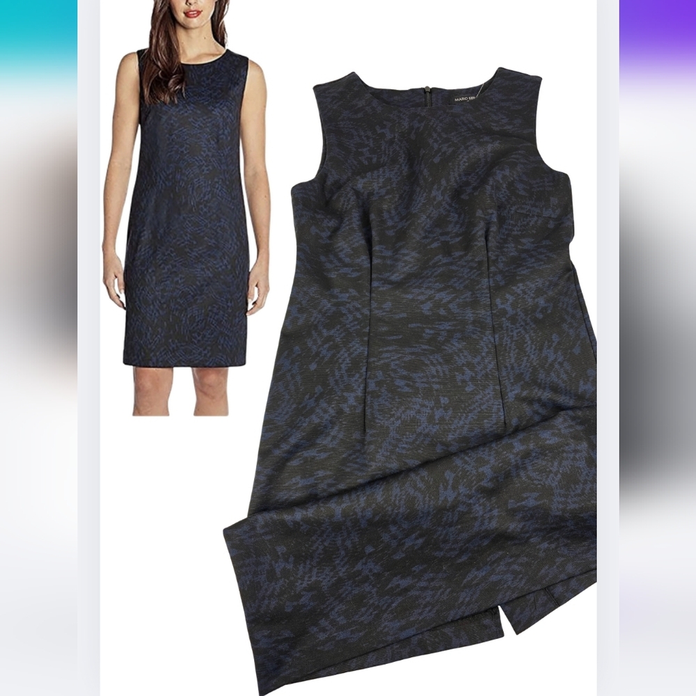 Mario Serrani XS Shift Dress Royal Black Print Small Knee Length Italy CK-2832